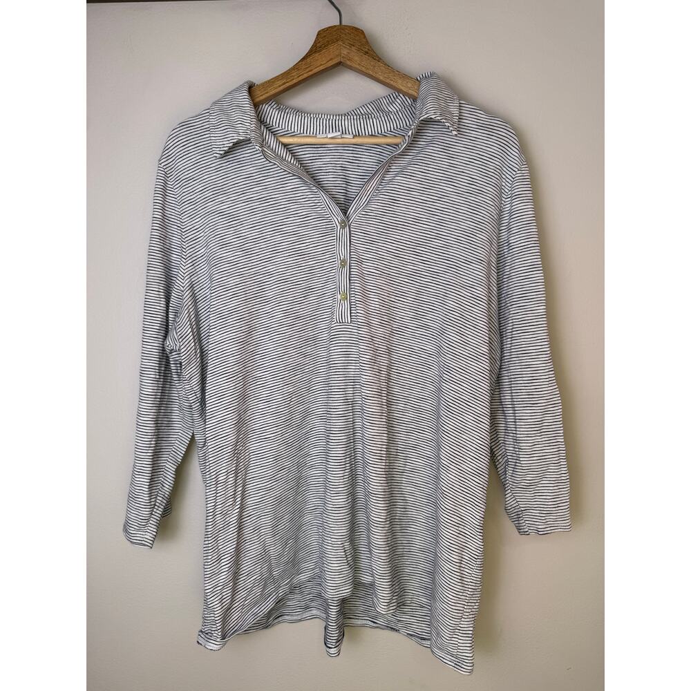J.Jill Striped 3/4 Sleeve Henley Top Womens Large Black White Soft Stretch